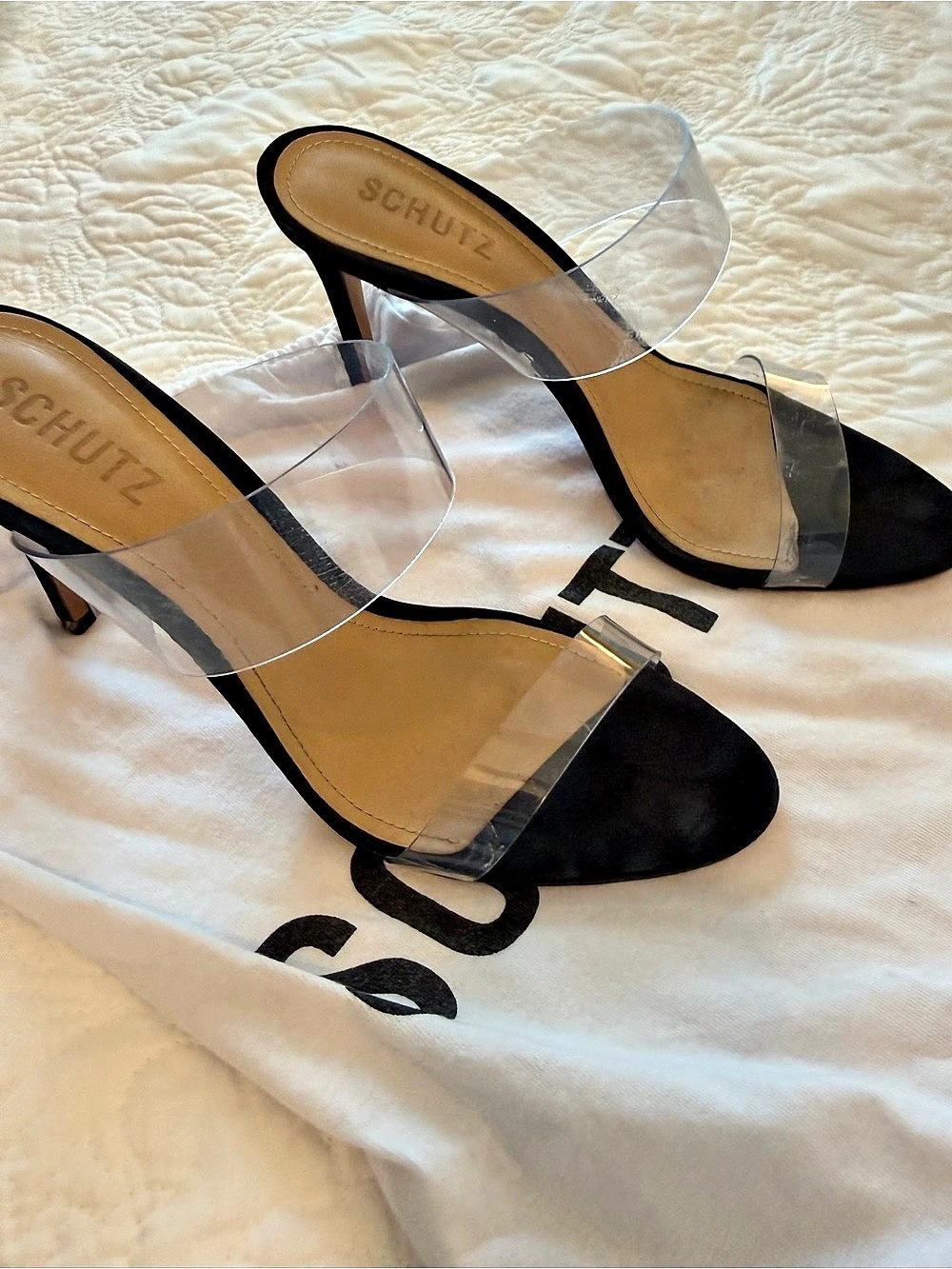 Schutz Ariella Suede Sandal Black & Clear Heels US 8